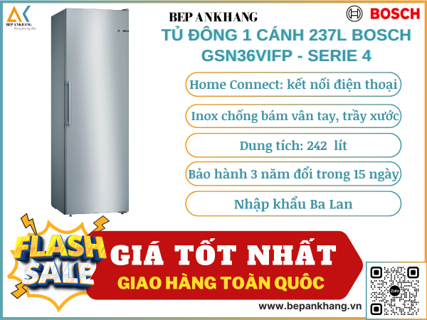 Tủ đông 1 cánh 237L Bosch GSN36VIFP - Serie 4